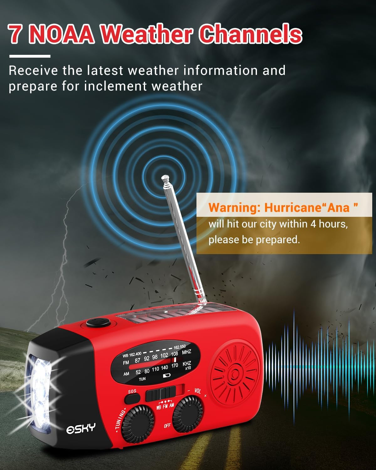 Emergency Hand Crank Radio with 3 LED Flashlight, AM/FM/NOAA Portable Weather Radio with 2000Mah Power Bank Phone Charger, Solar Powered Rechargeable Radio for Indoor Survival Camping, SOS Alarm