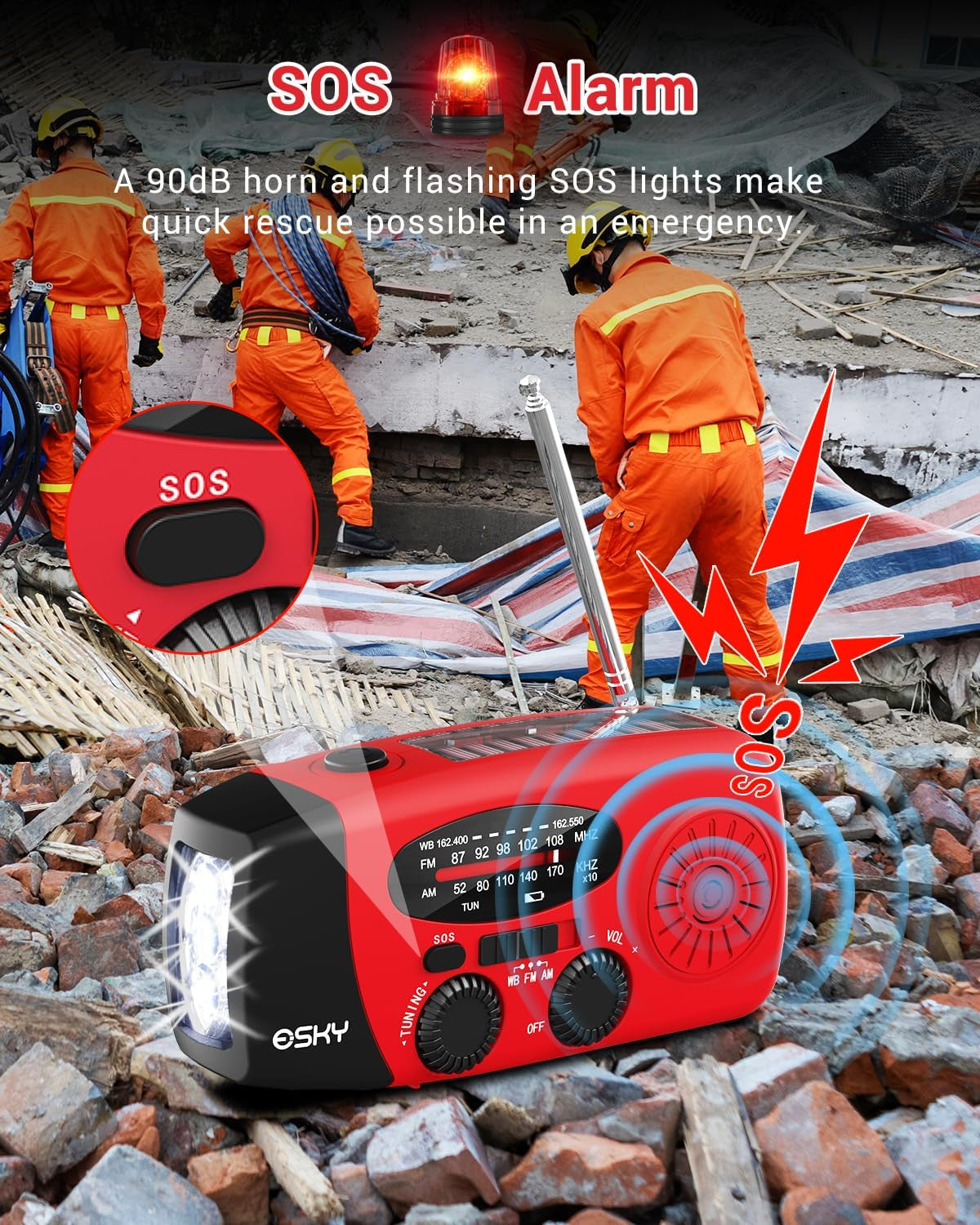 Emergency Hand Crank Radio with 3 LED Flashlight, AM/FM/NOAA Portable Weather Radio with 2000Mah Power Bank Phone Charger, Solar Powered Rechargeable Radio for Indoor Survival Camping, SOS Alarm