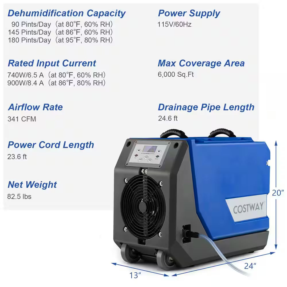 180-Pint Bucketless Dehumidifier Commercial Dehumidifier Industrial Dehumidifier with Pump & Drain Hose