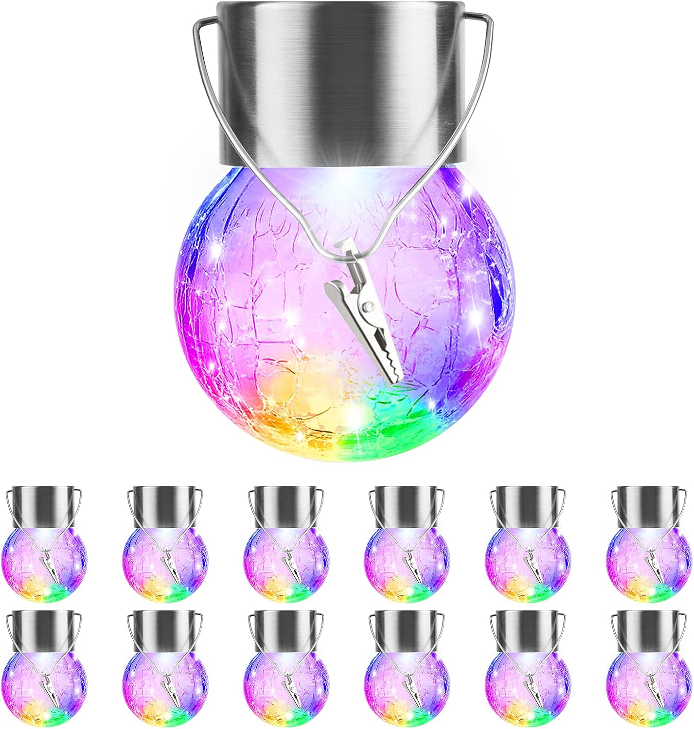 Solar Lights Outdoor Decorative 12 Pack, Hanging Solar Garden Lights Waterproof, Solar Powered Globe Lantern Cracked Glass Ball Lights for Yard Patio Fence Tree Umbrella Holiday Decoration,Warm White