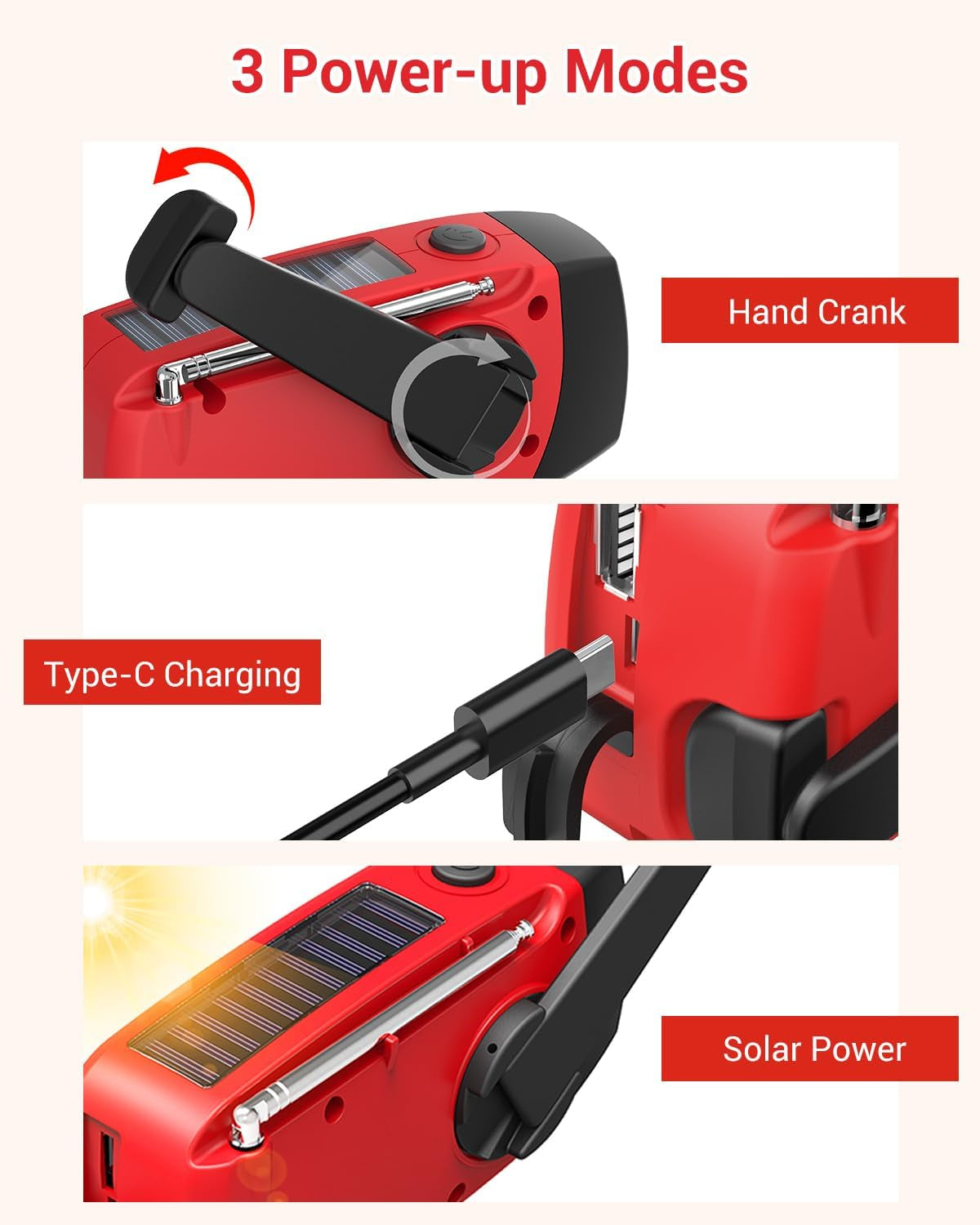 Emergency Hand Crank Radio with 3 LED Flashlight, AM/FM/NOAA Portable Weather Radio with 2000Mah Power Bank Phone Charger, Solar Powered Rechargeable Radio for Indoor Survival Camping, SOS Alarm