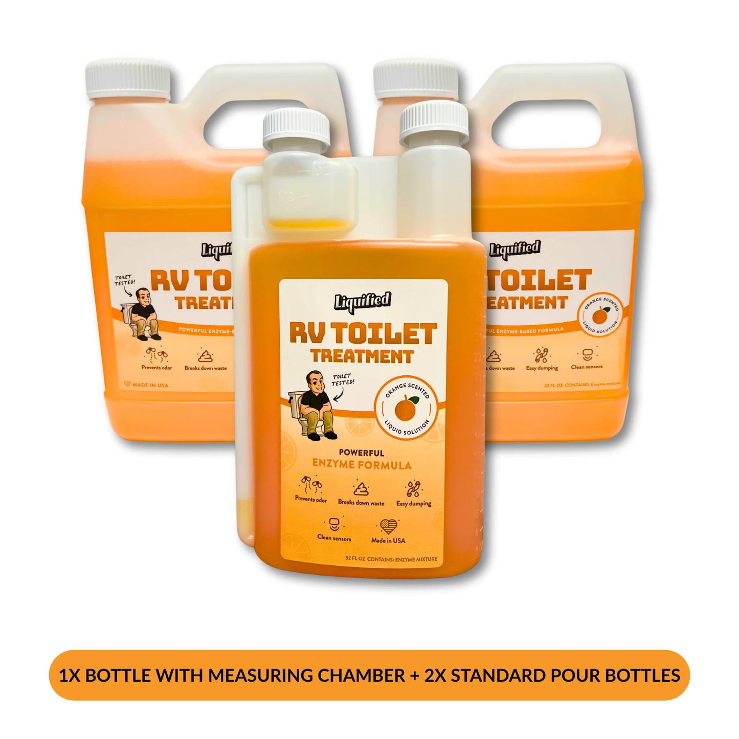 Three bottles of RV Toilet Treatment with a measuring chamber on a white background