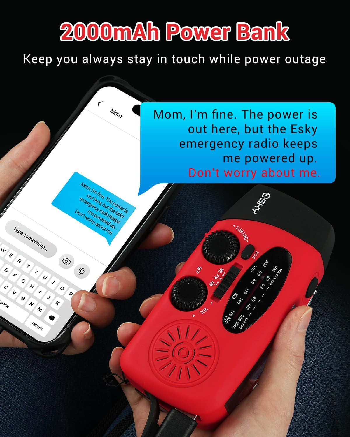 Emergency Hand Crank Radio with 3 LED Flashlight, AM/FM/NOAA Portable Weather Radio with 2000Mah Power Bank Phone Charger, Solar Powered Rechargeable Radio for Indoor Survival Camping, SOS Alarm