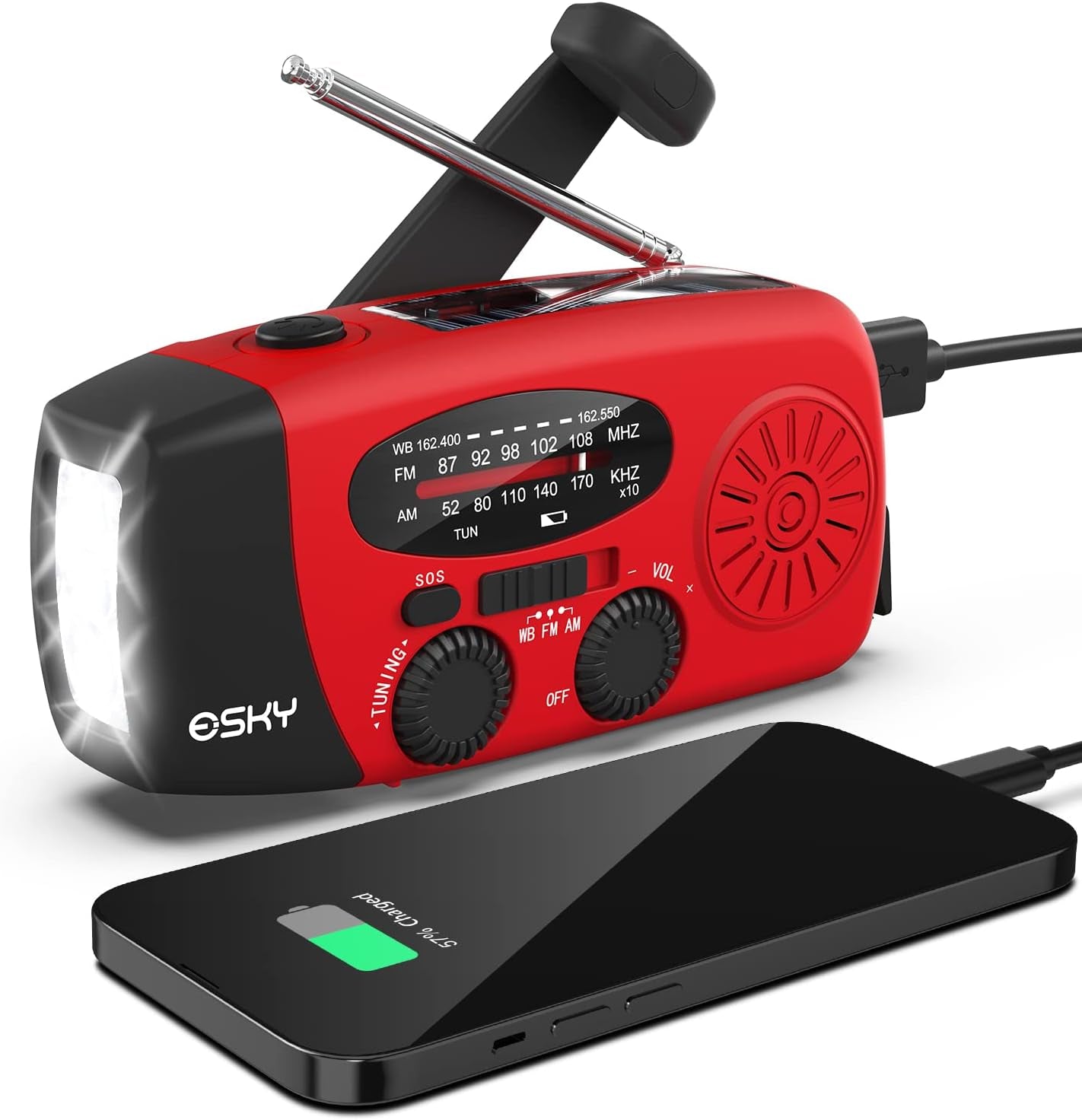 Emergency Hand Crank Radio with 3 LED Flashlight, AM/FM/NOAA Portable Weather Radio with 2000Mah Power Bank Phone Charger, Solar Powered Rechargeable Radio for Indoor Survival Camping, SOS Alarm