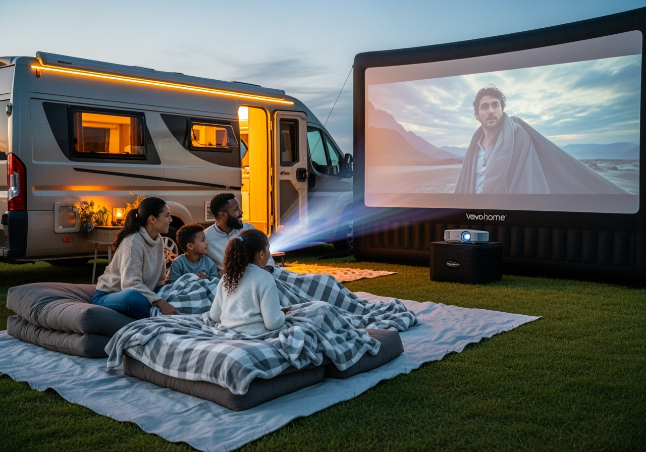 Family watching a movie on an outdoor screen projected onto a screen in front of a camper van.