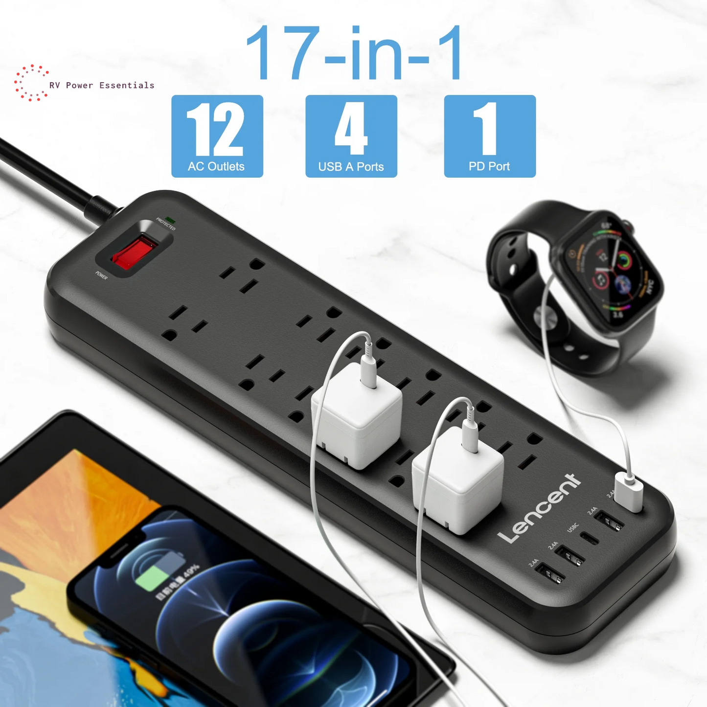 17 in 1 Surge Protector Power Strip, 1 Count Portable Modern Electrical Flat Plug Power Strip with 6 USB Ports, Compact Desk Charging Station for Home, Office & School, USB Power Outlet, Power Socket Extender