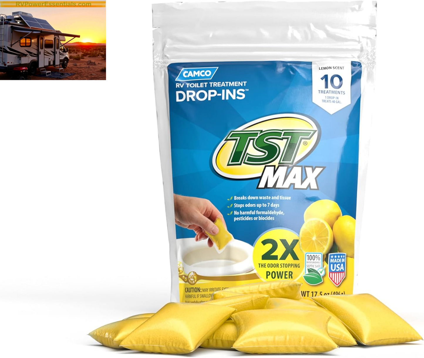 Camco TST MAX RV Toilet Treatment Drop-Ins – Odor Control & Waste Breakdown – RV Power Essentials