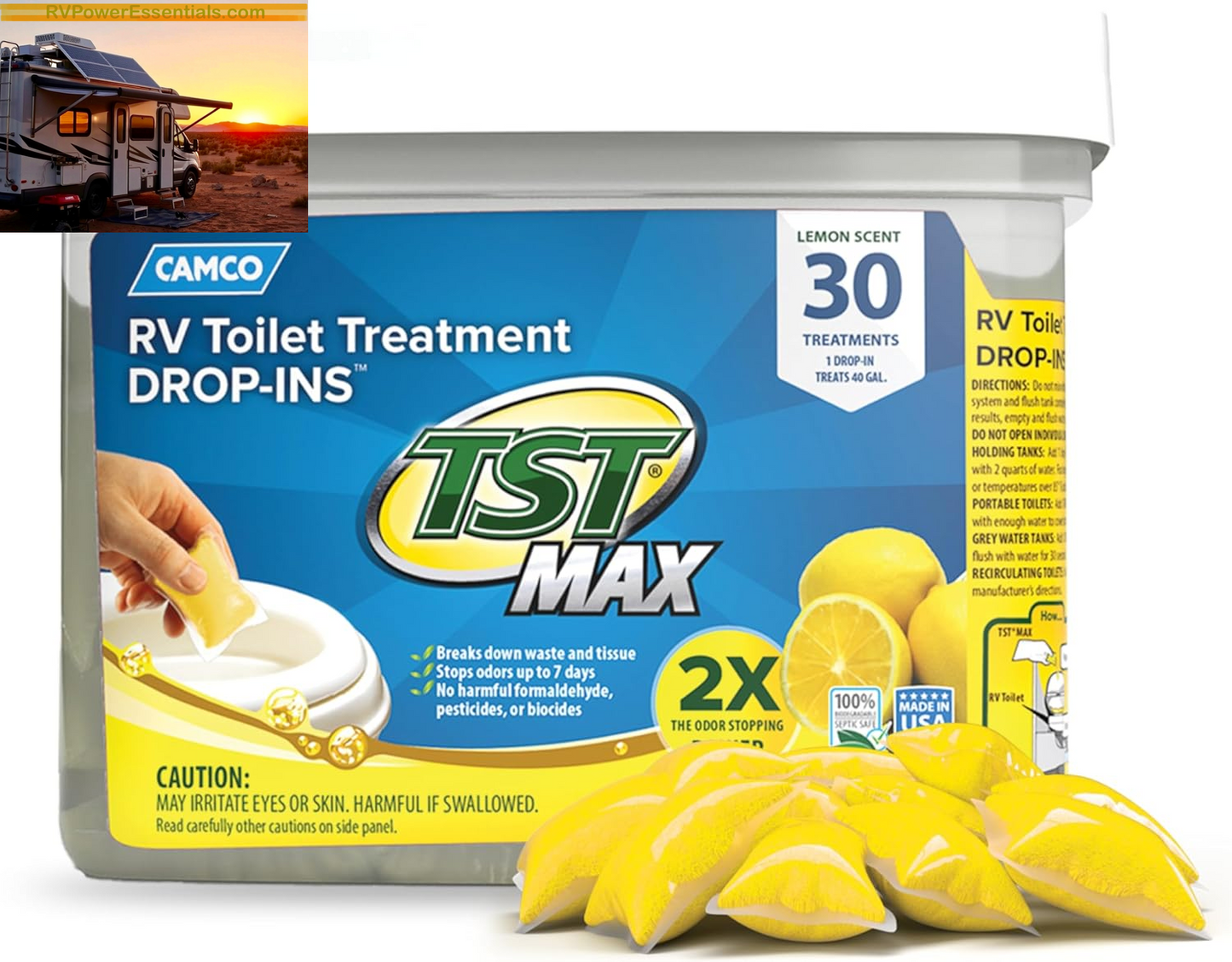 Camco TST MAX RV Toilet Treatment Drop-Ins – Odor Control & Waste Breakdown – RV Power Essentials