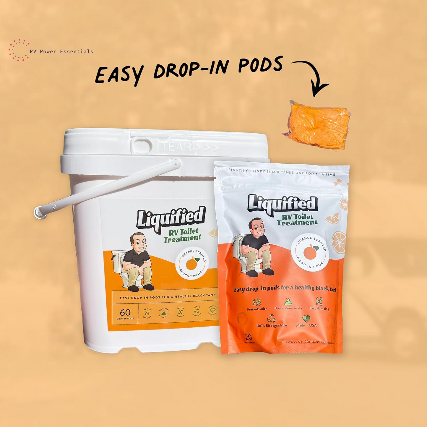Liquified RV Toilet Treatment Drop-Ins | 60 Orange-Scented Pods | Odor Control & Waste Breakdown | Septic Safe | RV Power Essentials