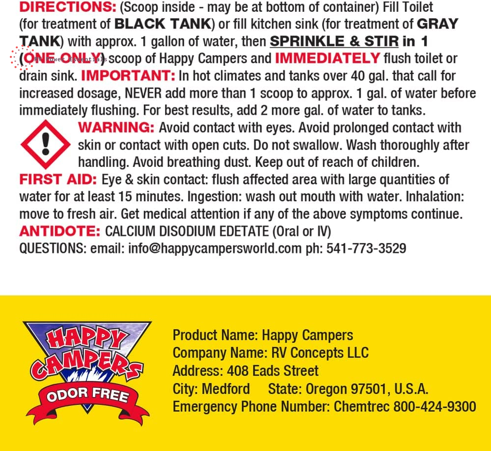 Happy Campers RV Toilet Treatment 18 - Extra Strength Odor Eliminator for Black and Gray Holding Tanks - RVPowerEssentials.com