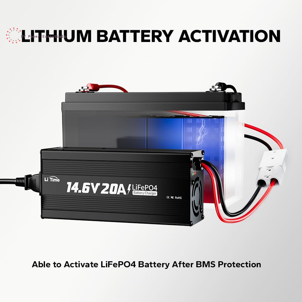 Litime 12V 20A Lithium Battery Charger 14.6V Lifepo4 Battery Charger AC-DC Smart Charger with Anderson Connector LED Indicator Special for Lithium Lifepo4 Deep Cycle Rechargeable Batteries of Boat, RV