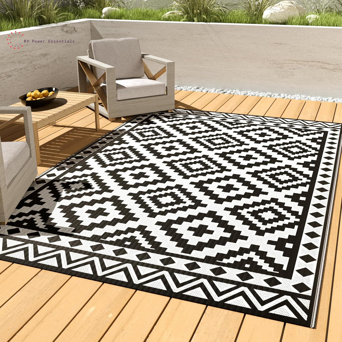 HAUSHOF 5’X8’ Outdoor Rug with LED Strip Light, Waterproof Reversible Patio Rug with 4 Stakes for RV, Camping, Beach, Porch & Balcony, Black & White