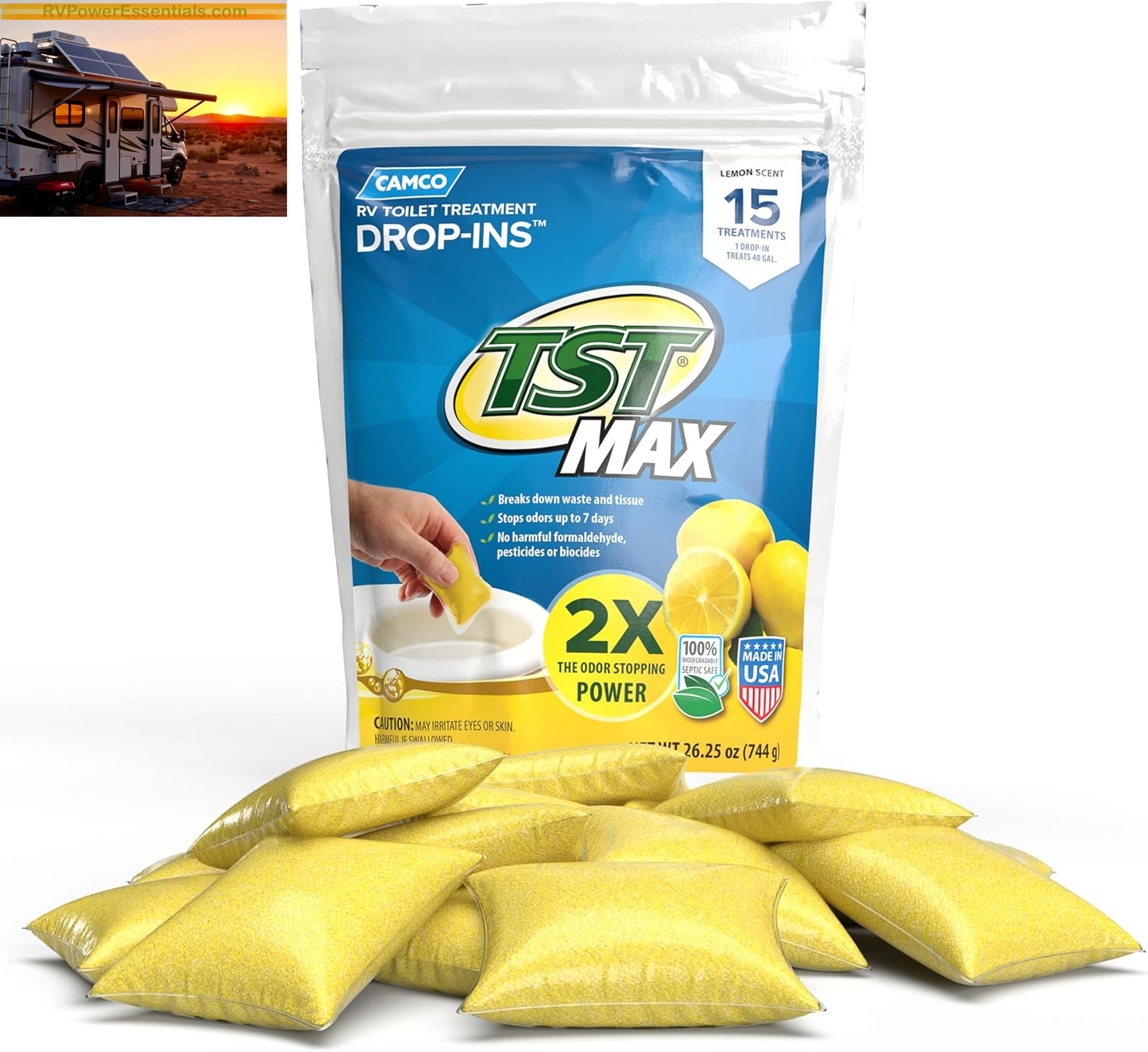 Camco TST MAX RV Toilet Treatment Drop-Ins – Odor Control & Waste Breakdown – RV Power Essentials