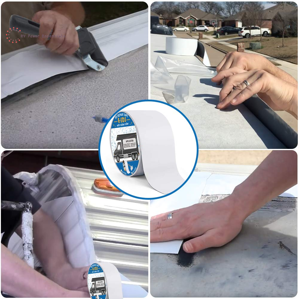 E-SDS RV Roof Tape 4” X 50’ with Rubber Roller - Waterproof RV Sealant Tape for Roof Repair, Window, Boat Sealing, Trailer, and Camper Leaks - RV Power Essentials