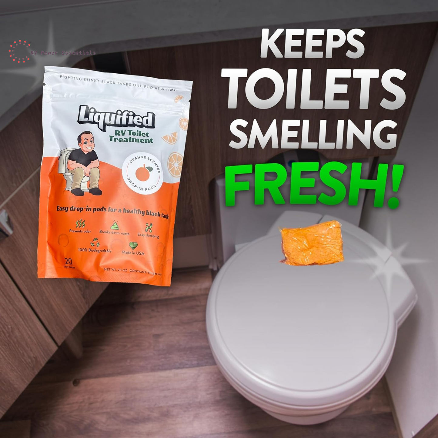 Liquified RV Toilet Treatment Drop-Ins | 60 Orange-Scented Pods | Odor Control & Waste Breakdown | Septic Safe | RV Power Essentials