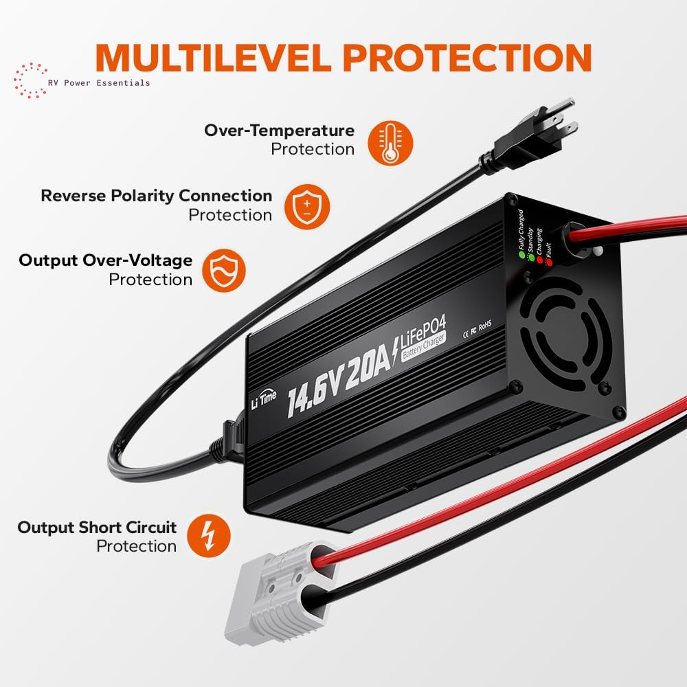 Litime 12V 20A Lithium Battery Charger 14.6V Lifepo4 Battery Charger AC-DC Smart Charger with Anderson Connector LED Indicator Special for Lithium Lifepo4 Deep Cycle Rechargeable Batteries of Boat, RV
