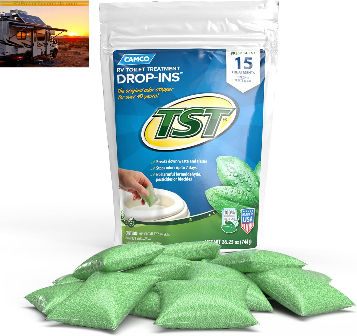 Camco TST MAX RV Toilet Treatment Drop-Ins – Odor Control & Waste Breakdown – RV Power Essentials