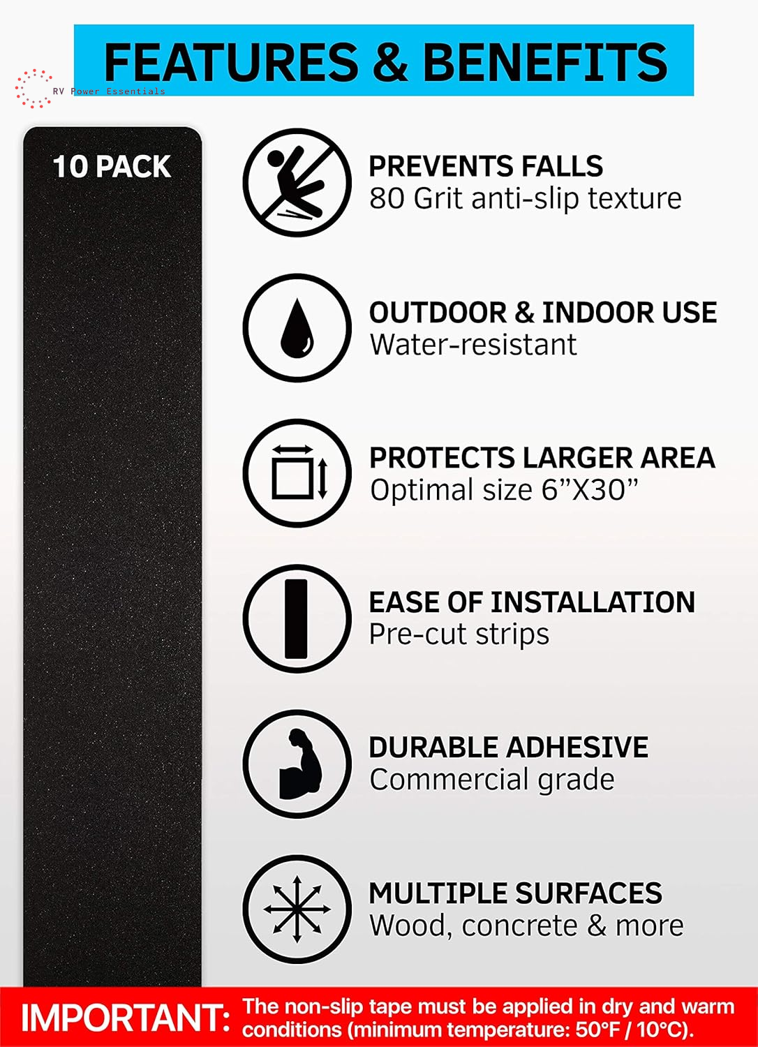 Non-Slip Outdoor Stair Tread Tape (10-Pack) | Heavy-Duty Black Anti-Slip Strips for RV Steps, Decks, and Outdoor Safety