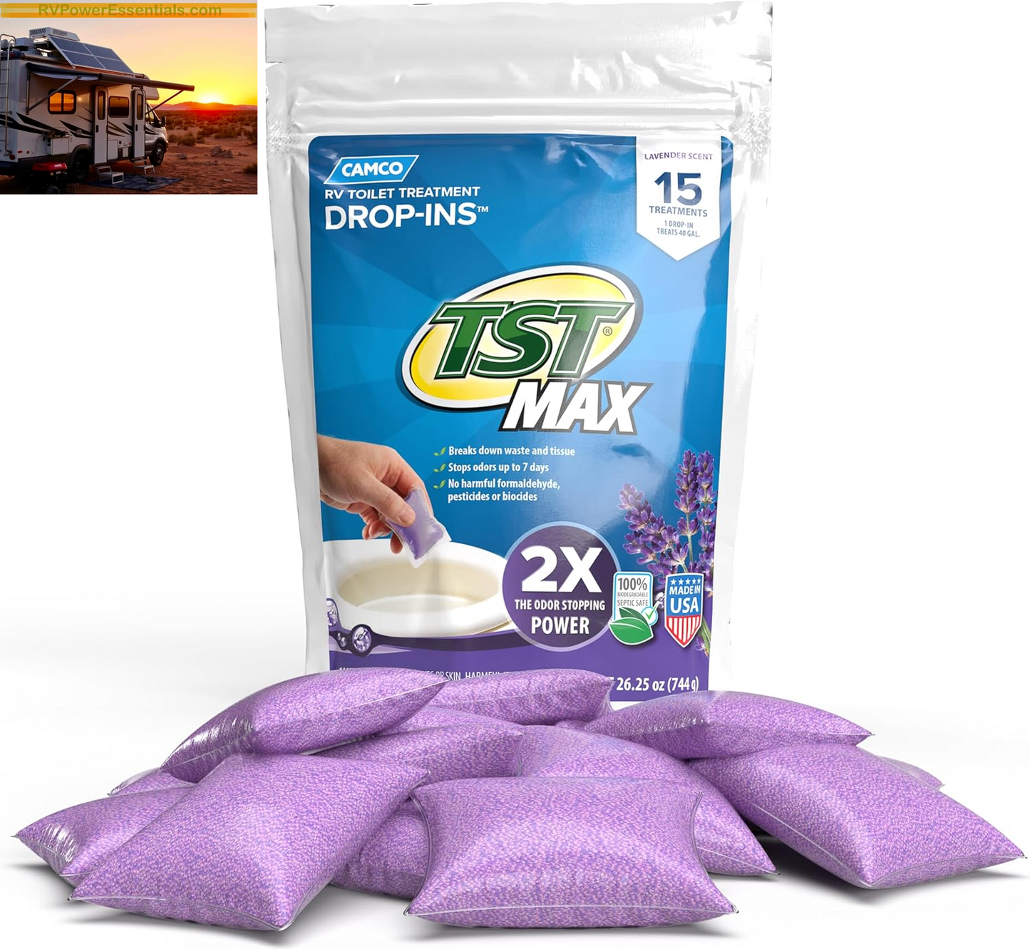 Camco TST MAX RV Toilet Treatment Drop-Ins – Odor Control & Waste Breakdown – RV Power Essentials