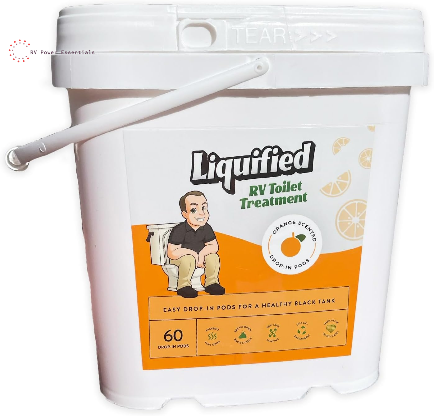 Liquified RV Toilet Treatment Drop-Ins | 60 Orange-Scented Pods | Odor Control & Waste Breakdown | Septic Safe | RV Power Essentials