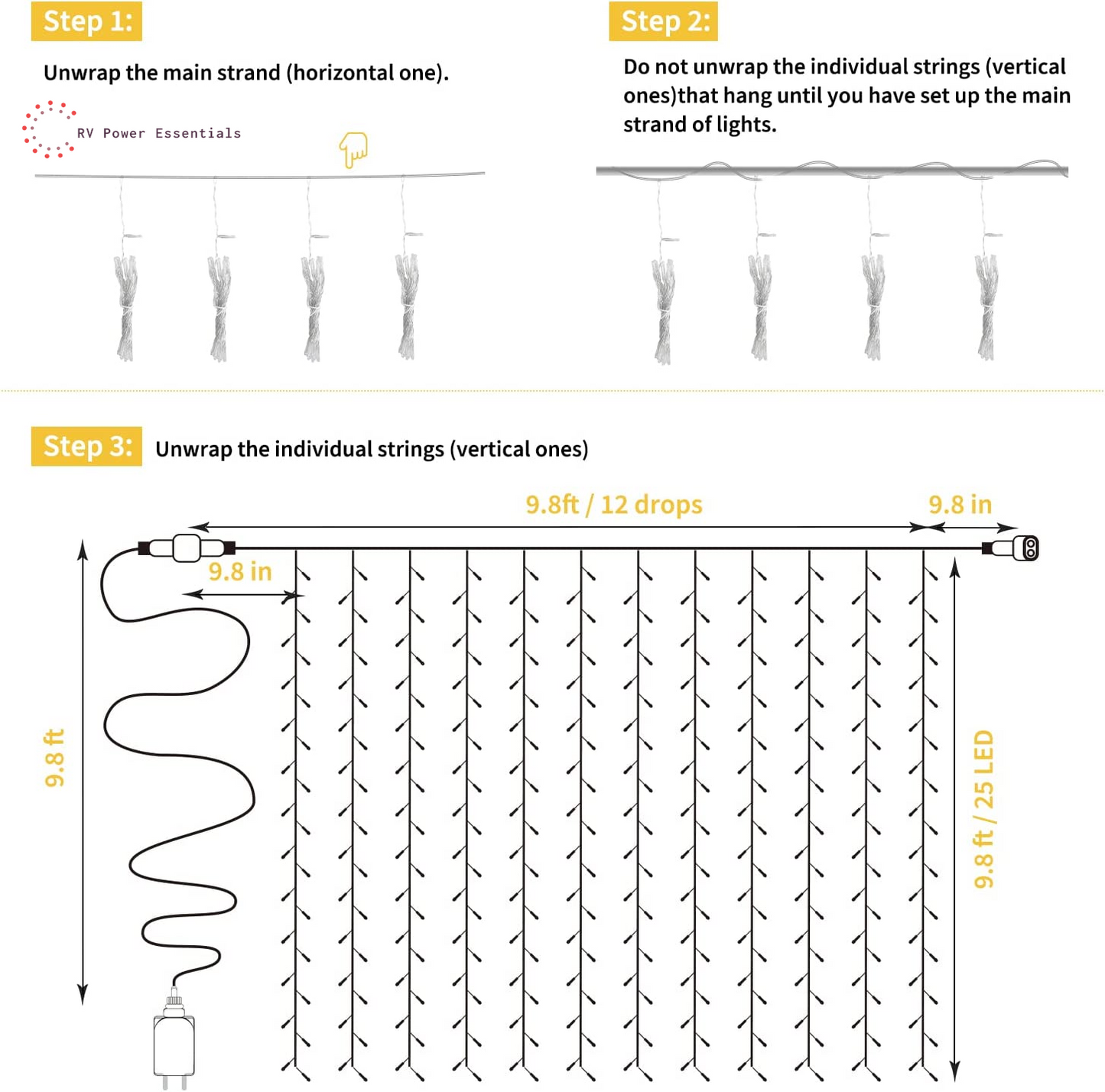 Brightown LED Curtain String Lights – Waterproof Hanging Lights with Remote & Timer, 8 Modes – RV Power Essentials
