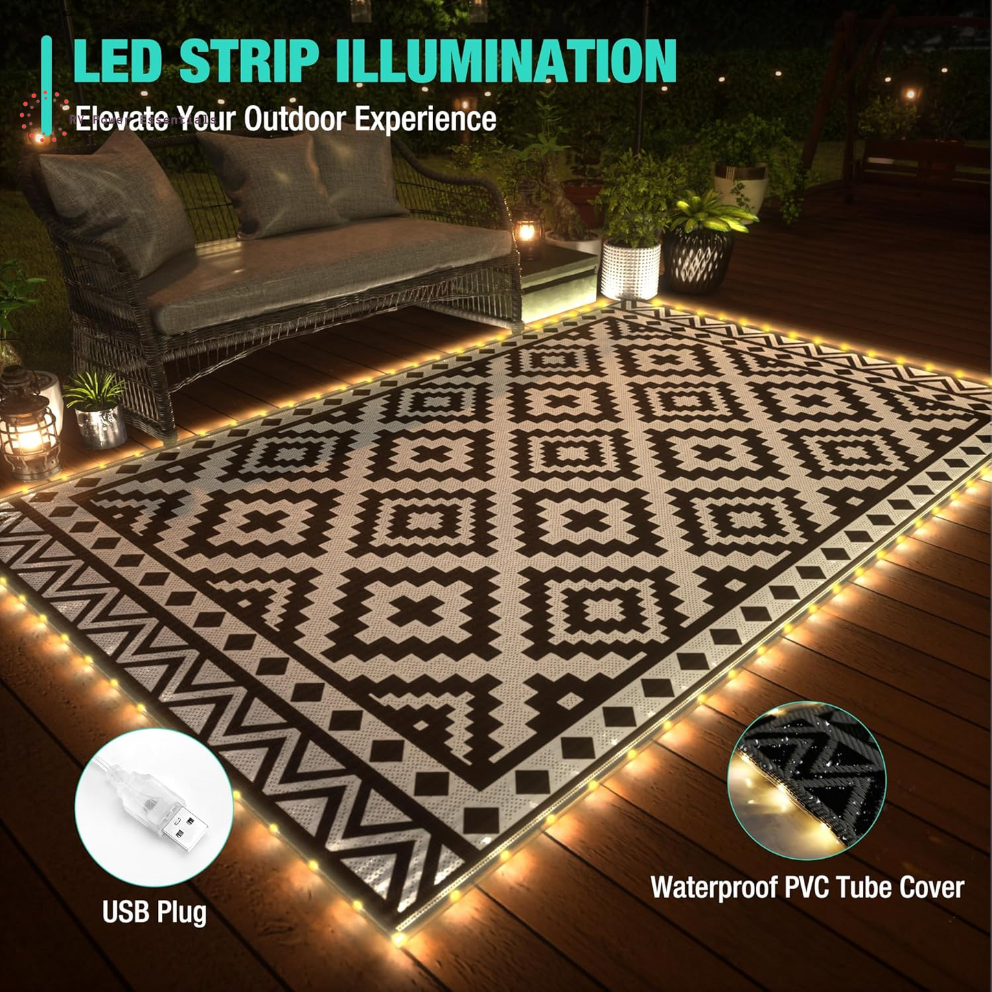 HAUSHOF 5’X8’ Outdoor Rug with LED Strip Light, Waterproof Reversible Patio Rug with 4 Stakes for RV, Camping, Beach, Porch & Balcony, Black & White