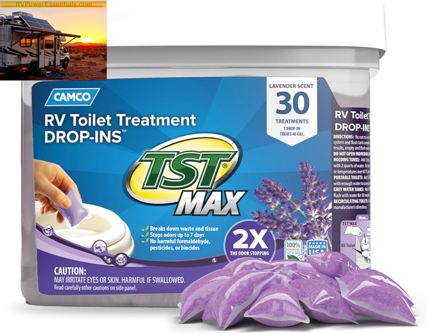 Camco TST MAX RV Toilet Treatment Drop-Ins – Odor Control & Waste Breakdown – RV Power Essentials