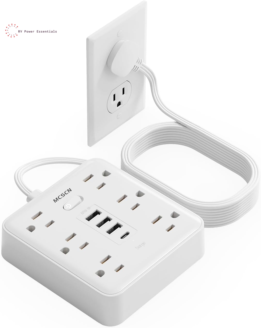 Portable Ultra Thin Flat Plug Surge Overload Protector Power Strip 5Ft Extension Cord with 6 AC Power Outlets 4 USB (1C) for Home Office Dorm Travel Essentials Fire and Reach 15A 1875W UL