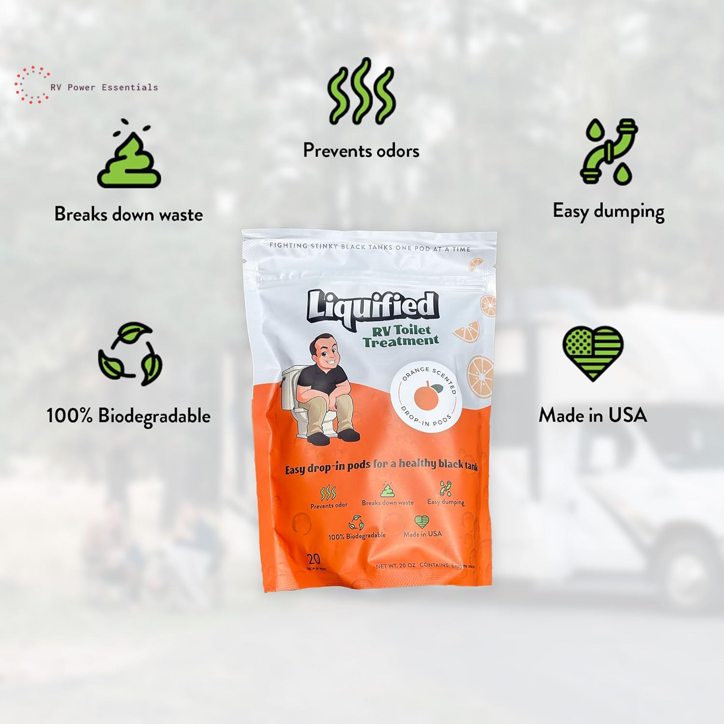 Liquified RV Toilet Treatment Drop-Ins | 60 Orange-Scented Pods | Odor Control & Waste Breakdown | Septic Safe | RV Power Essentials