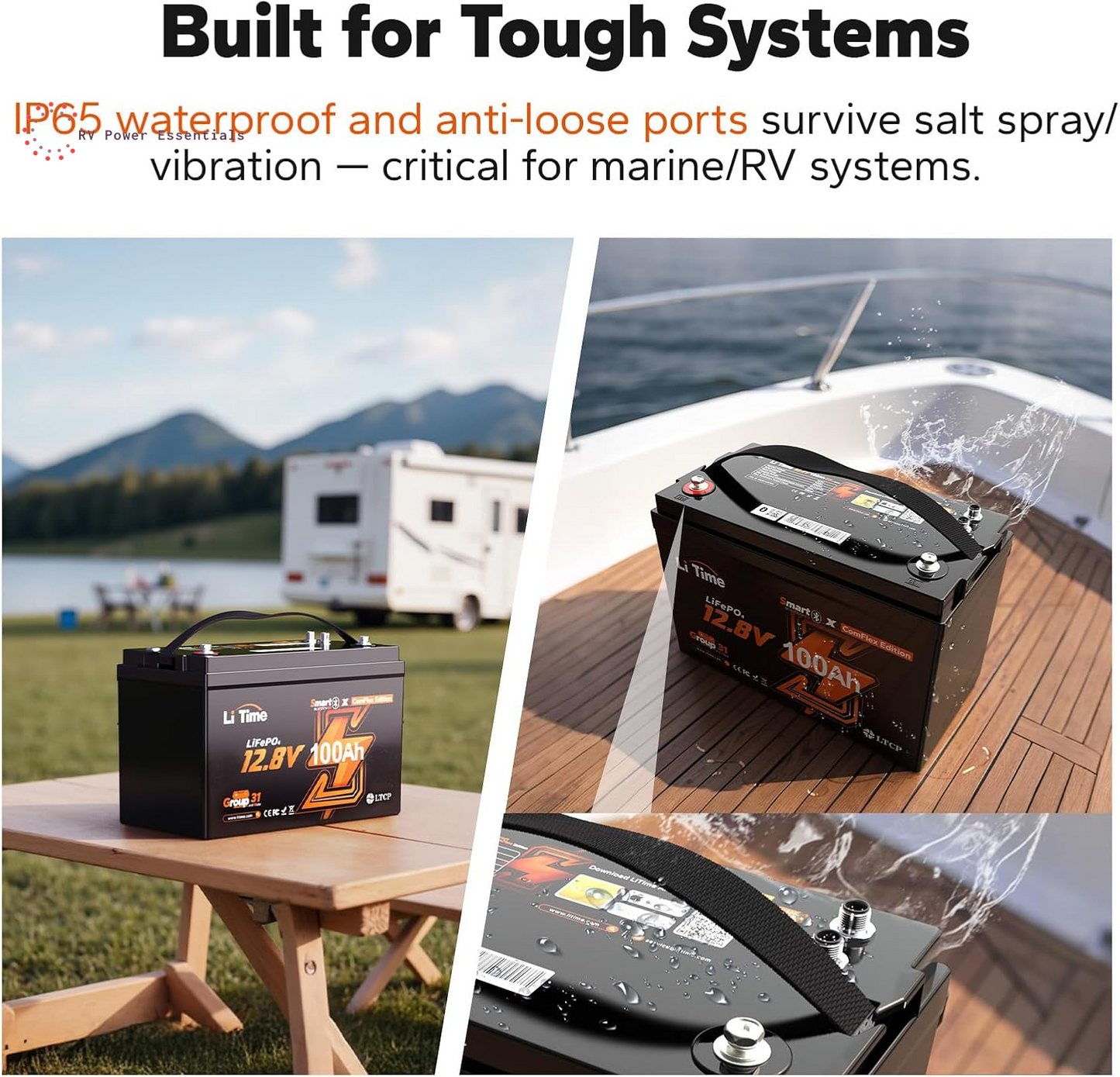 LiTime 12V 100Ah Smart LiFePO4 Battery w/ Bluetooth, 100A BMS & CAN/RS485 – Reliable Power for RVs, Boats, and Off-Grid Adventures (Group 31)