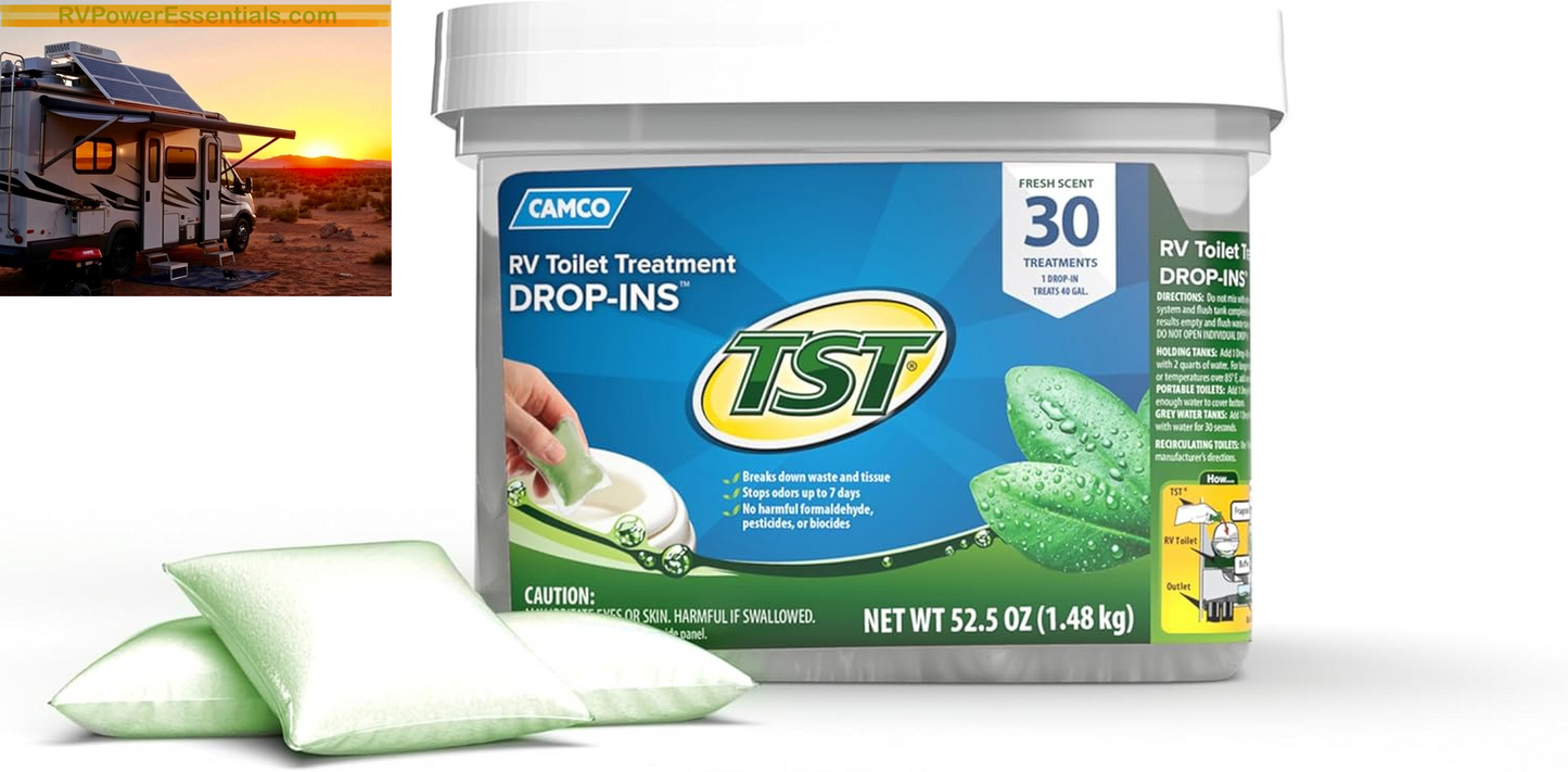 Camco TST MAX RV Toilet Treatment Drop-Ins – Odor Control & Waste Breakdown – RV Power Essentials