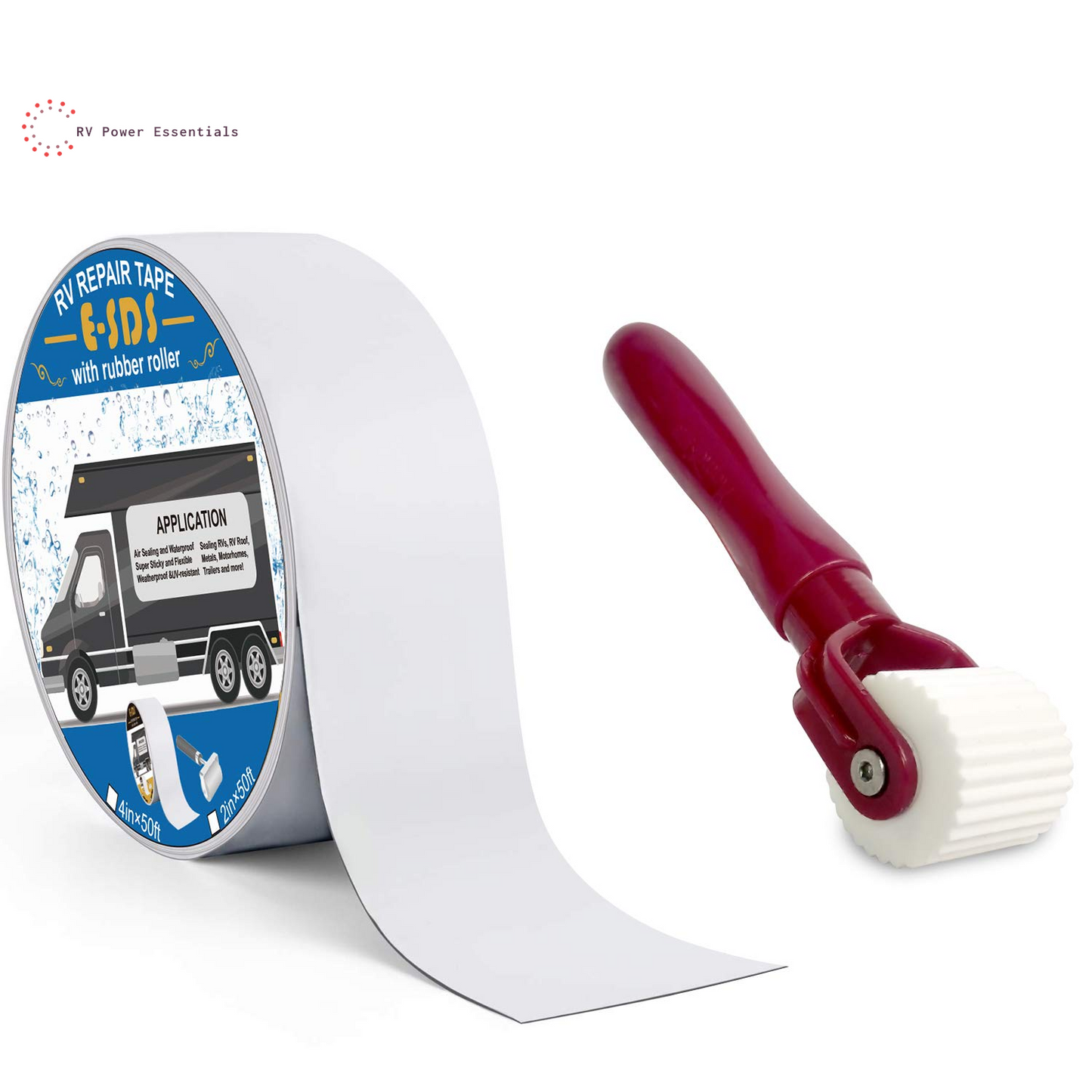 E-SDS RV Roof Tape 4” X 50’ with Rubber Roller - Waterproof RV Sealant Tape for Roof Repair, Window, Boat Sealing, Trailer, and Camper Leaks - RV Power Essentials