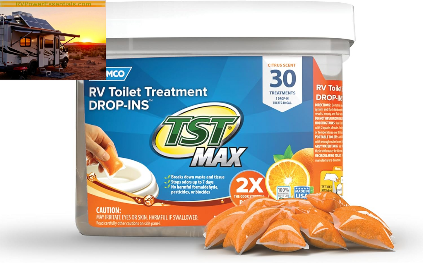 Camco TST MAX RV Toilet Treatment Drop-Ins – Odor Control & Waste Breakdown – RV Power Essentials