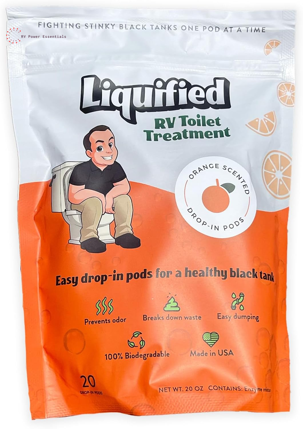 Liquified RV Toilet Treatment Drop-Ins | 60 Orange-Scented Pods | Odor Control & Waste Breakdown | Septic Safe | RV Power Essentials
