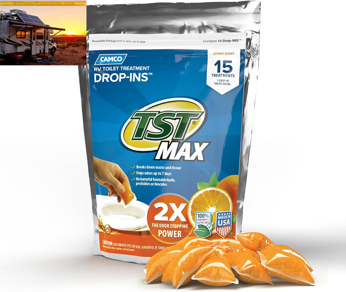 Camco TST MAX RV Toilet Treatment Drop-Ins – Odor Control & Waste Breakdown – RV Power Essentials