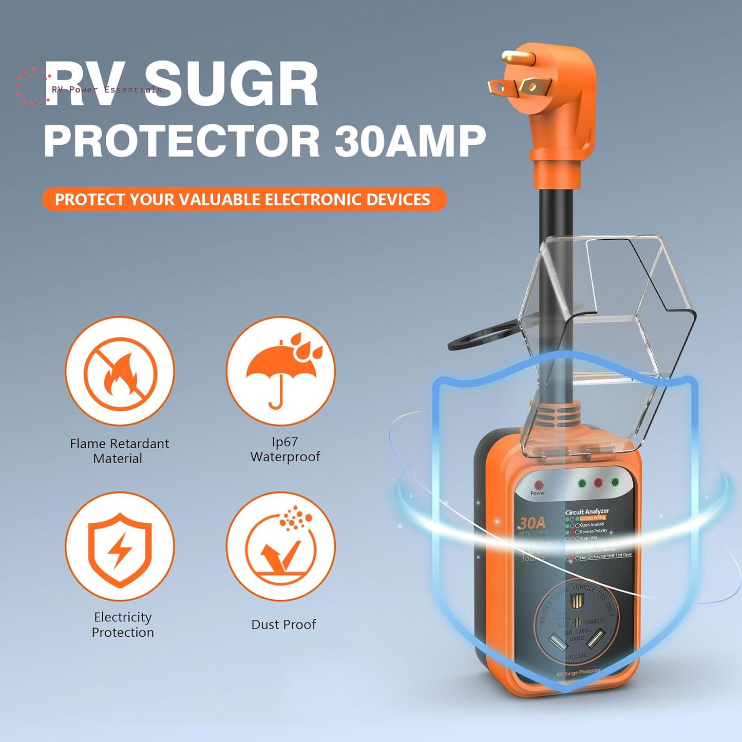 RV Surge Protector 30 Amp, 10000 Joules RV Circuit Analyzer with Waterproof Cover,Rv Adapter Plug for Camper Travel Trailers (30 AMP)