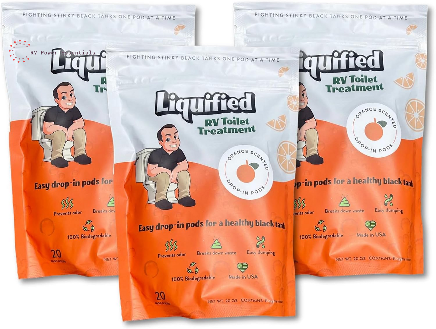Liquified RV Toilet Treatment Drop-Ins | 60 Orange-Scented Pods | Odor Control & Waste Breakdown | Septic Safe | RV Power Essentials
