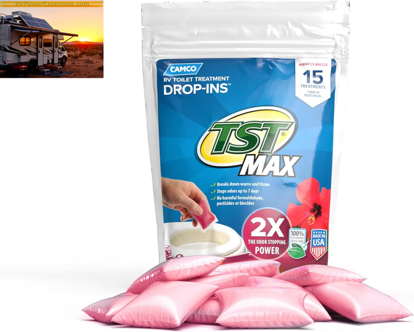 Camco TST MAX RV Toilet Treatment Drop-Ins – Odor Control & Waste Breakdown – RV Power Essentials