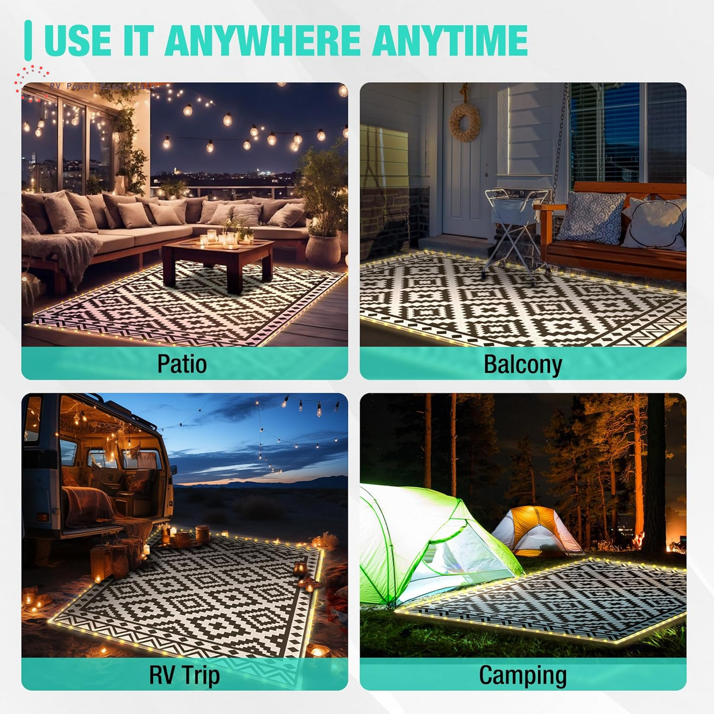 HAUSHOF 5’X8’ Outdoor Rug with LED Strip Light, Waterproof Reversible Patio Rug with 4 Stakes for RV, Camping, Beach, Porch & Balcony, Black & White