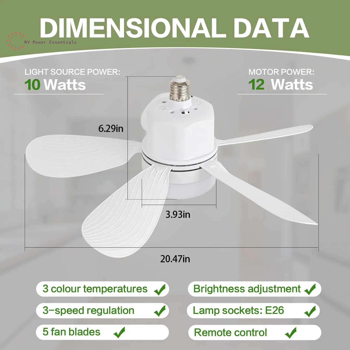 Screw-In RV Socket Fan Light with Remote — E26/E27 Dimmable Ceiling Fan, 1000 Lumens