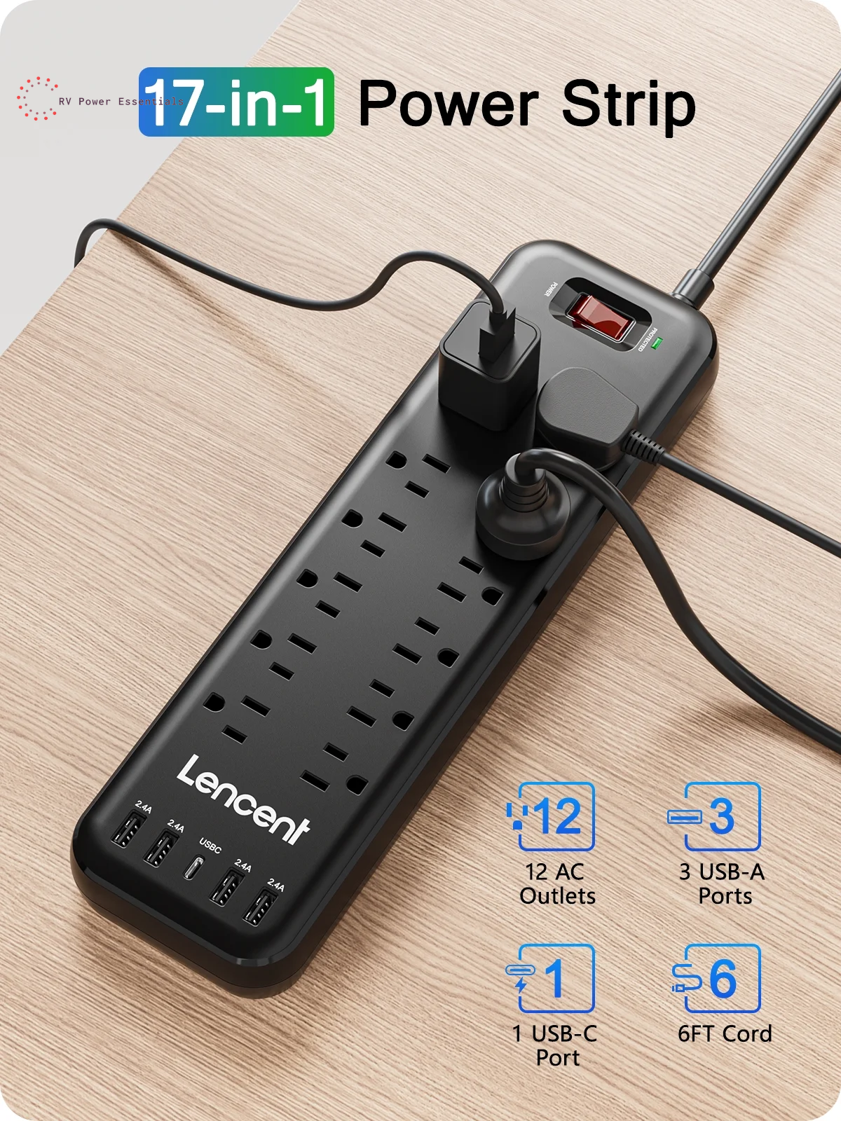 17 in 1 Surge Protector Power Strip, 1 Count Portable Modern Electrical Flat Plug Power Strip with 6 USB Ports, Compact Desk Charging Station for Home, Office & School, USB Power Outlet, Power Socket Extender
