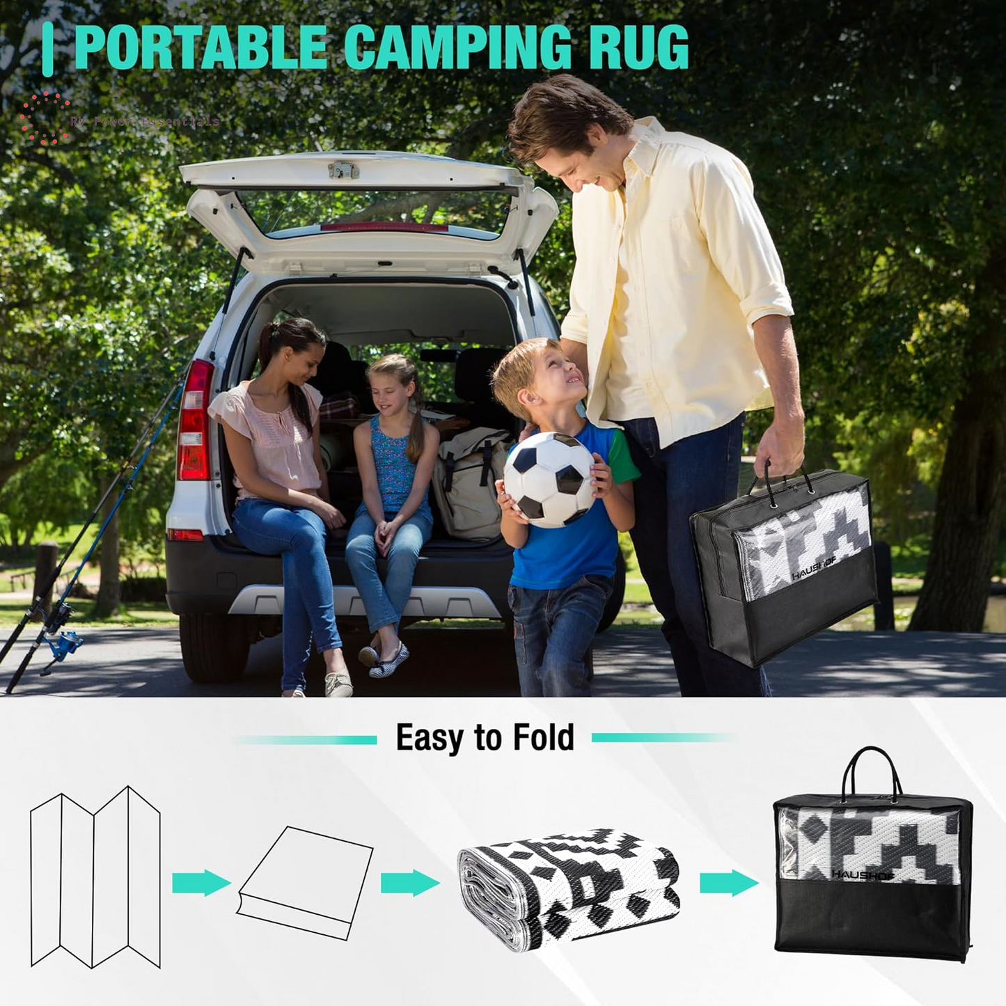 HAUSHOF 5’X8’ Outdoor Rug with LED Strip Light, Waterproof Reversible Patio Rug with 4 Stakes for RV, Camping, Beach, Porch & Balcony, Black & White