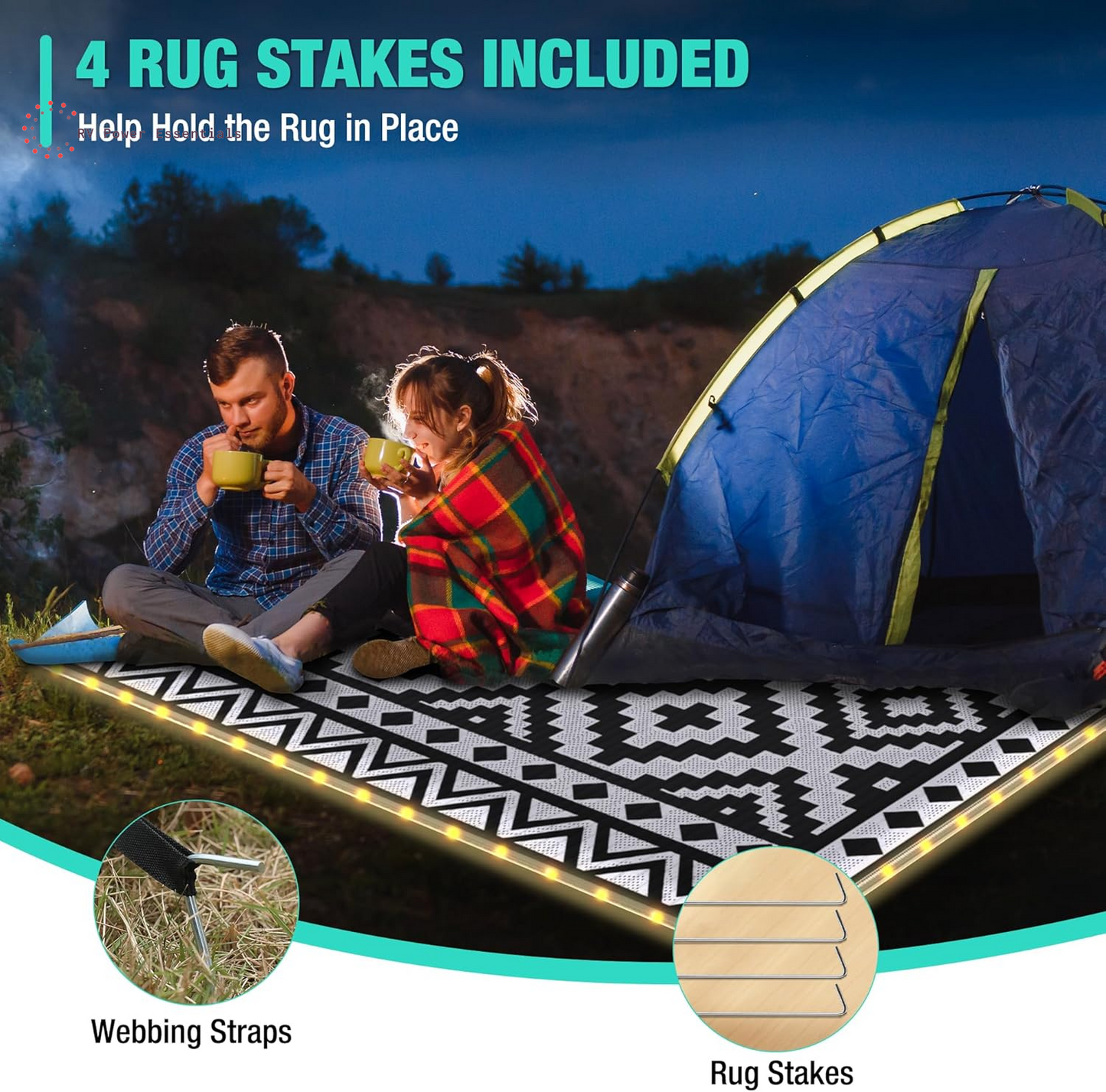 HAUSHOF 5’X8’ Outdoor Rug with LED Strip Light, Waterproof Reversible Patio Rug with 4 Stakes for RV, Camping, Beach, Porch & Balcony, Black & White