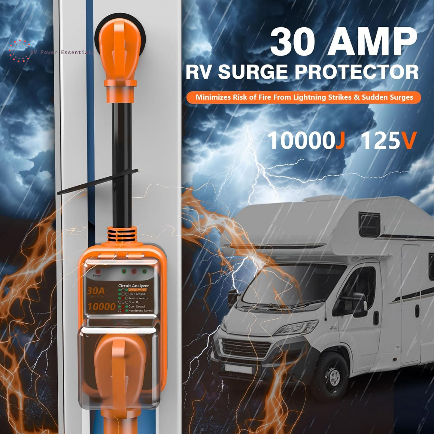 RV Surge Protector 30 Amp, 10000 Joules RV Circuit Analyzer with Waterproof Cover,Rv Adapter Plug for Camper Travel Trailers (30 AMP)