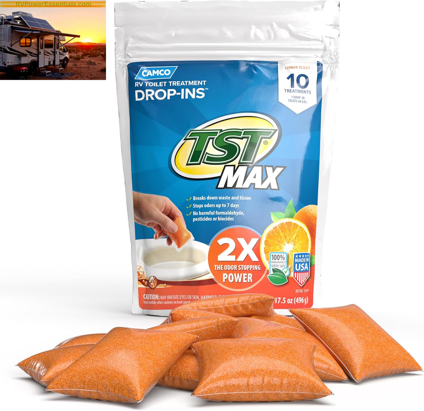 Camco TST MAX RV Toilet Treatment Drop-Ins – Odor Control & Waste Breakdown – RV Power Essentials