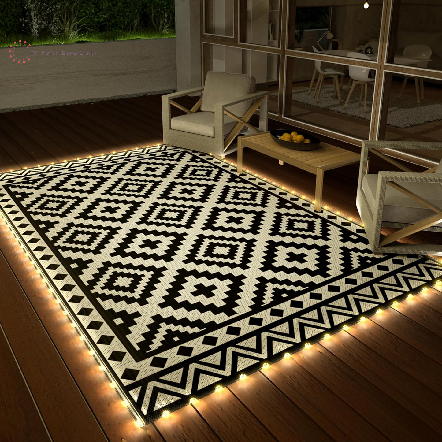 HAUSHOF 5’X8’ Outdoor Rug with LED Strip Light, Waterproof Reversible Patio Rug with 4 Stakes for RV, Camping, Beach, Porch & Balcony, Black & White