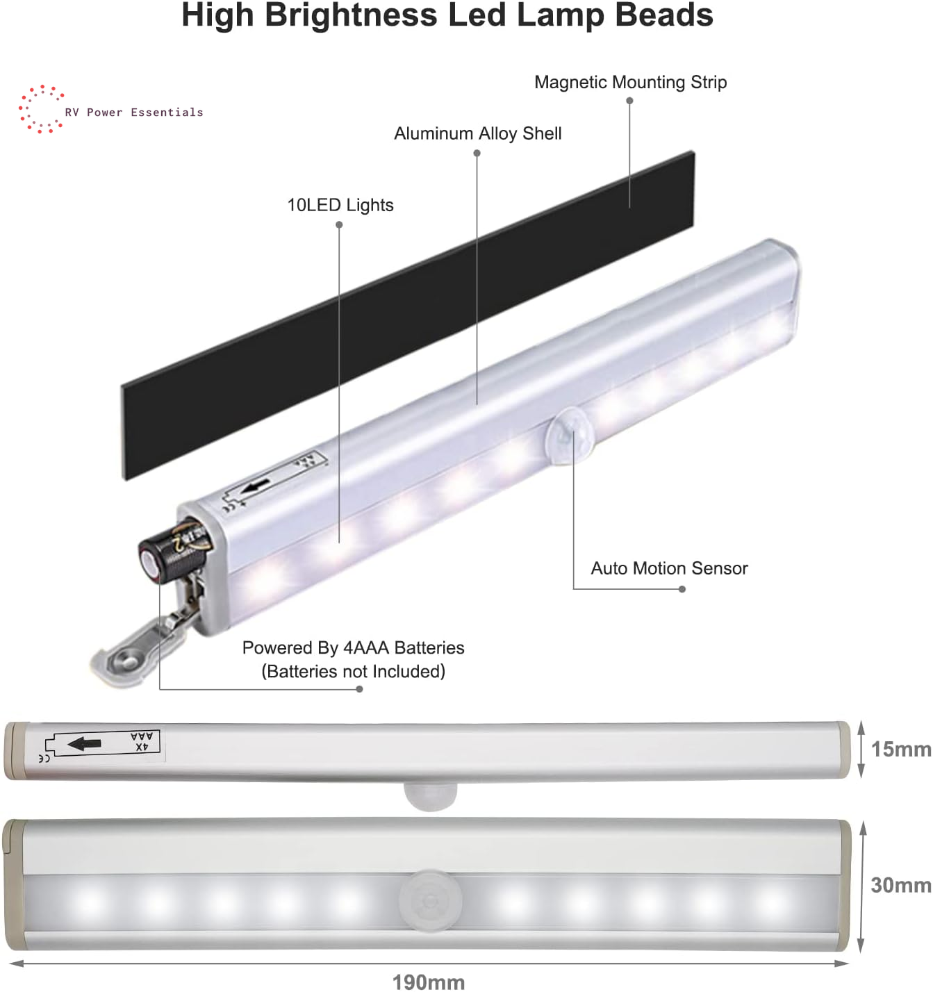 Motion Activated RV Step Lights – 10 LED Battery-Operated Motion Sensor Light Bar for Motorhomes, Travel Trailers & Campers (2 Pack)
