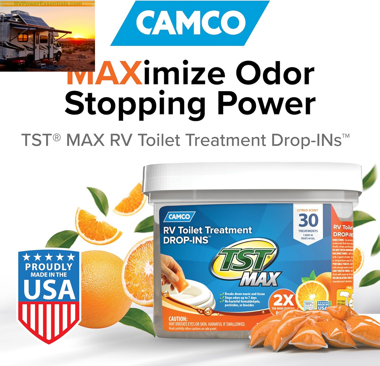 Camco TST MAX RV Toilet Treatment Drop-Ins – Odor Control & Waste Breakdown – RV Power Essentials