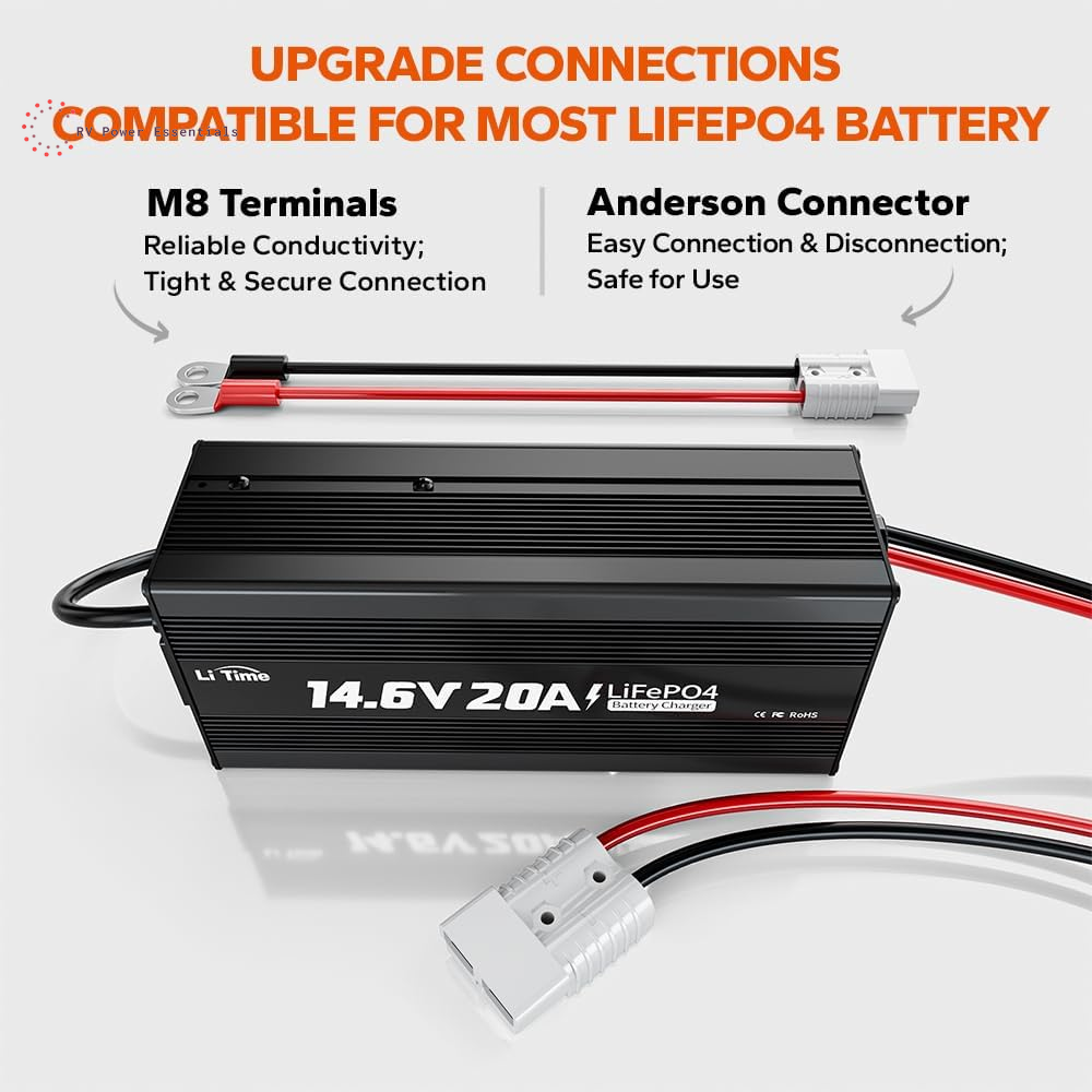 Litime 12V 20A Lithium Battery Charger 14.6V Lifepo4 Battery Charger AC-DC Smart Charger with Anderson Connector LED Indicator Special for Lithium Lifepo4 Deep Cycle Rechargeable Batteries of Boat, RV