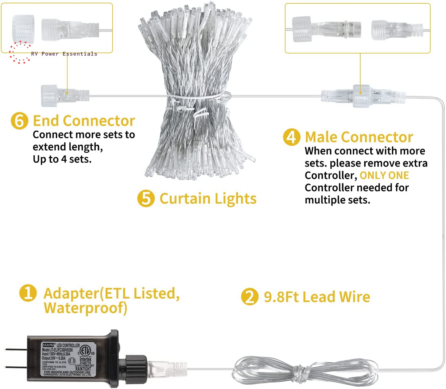 Brightown LED Curtain String Lights – Waterproof Hanging Lights with Remote & Timer, 8 Modes – RV Power Essentials